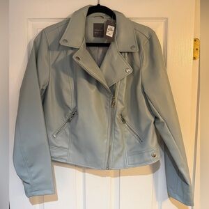 Primark Women's Moto Biker Ice Blue Faux Vegan Leather Jacket Sz 12 NWT